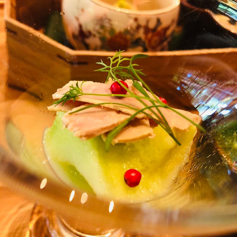 タカミメロンの燻製フォアグラのせ_先付(萌蘖 Wasabi)