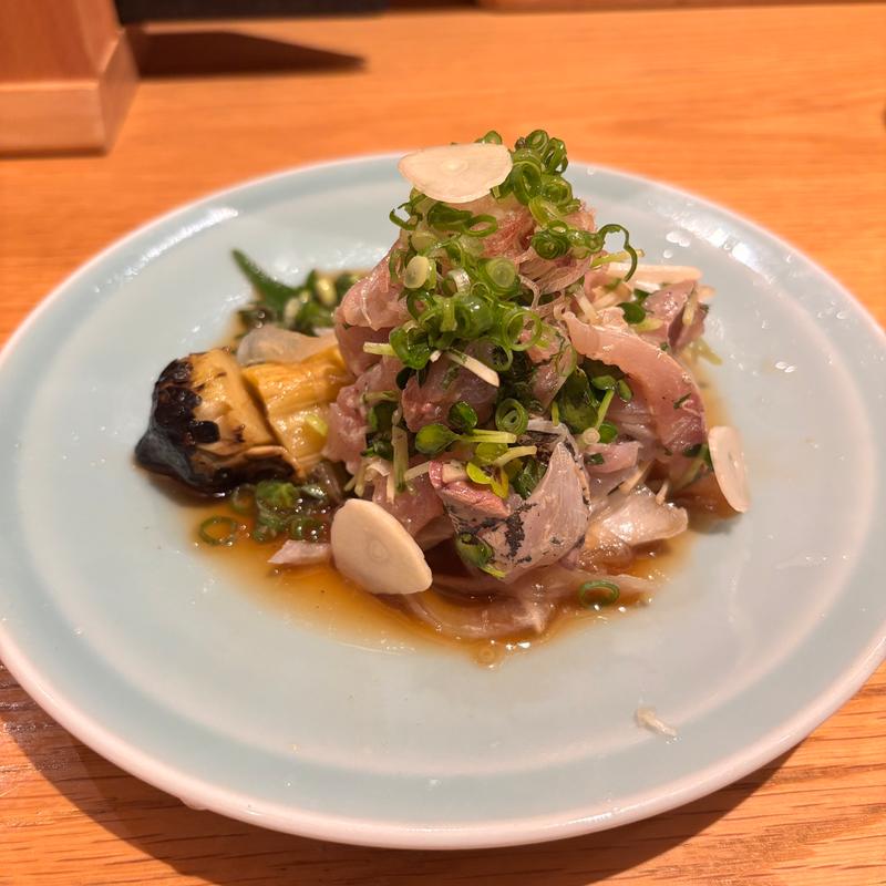 焼き茄子と鯵のたたき(魚菜由良　雑魚亭)