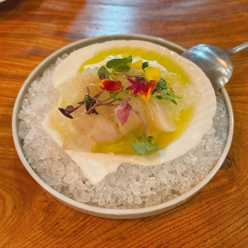 北海道産ホタテ貝柱のカルパッチョ　〜わさびクリームと柑橘と昆布ジュレ〜(リポリータ　エ　サルメリア)