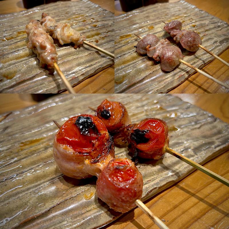 せせり、砂ずり、豚バラ巻き(トマト)(やきとりいかうし)