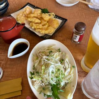 岩下新生姜の天ぷら　肉ワンタンピリ辛ダレ