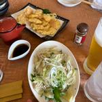 岩下新生姜の天ぷら　肉ワンタンピリ辛ダレ