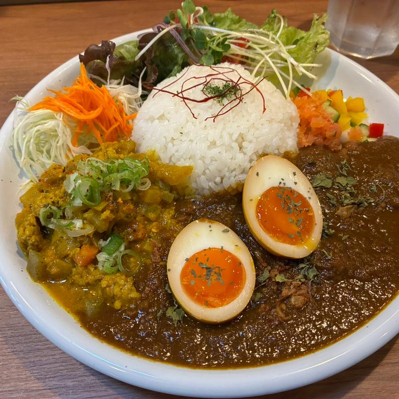 ビーフとお好みキーマのあいがけカレー+味玉(メドカレー舎)