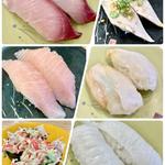 はまち、備長まぐろ、えんがわ、つぶ貝、まぐろガーリック、サラダ巻き
