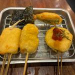 季節の五串盛り(カレーミンチ、オクラ、鱧、コーン磯部、ズッキーニ)
