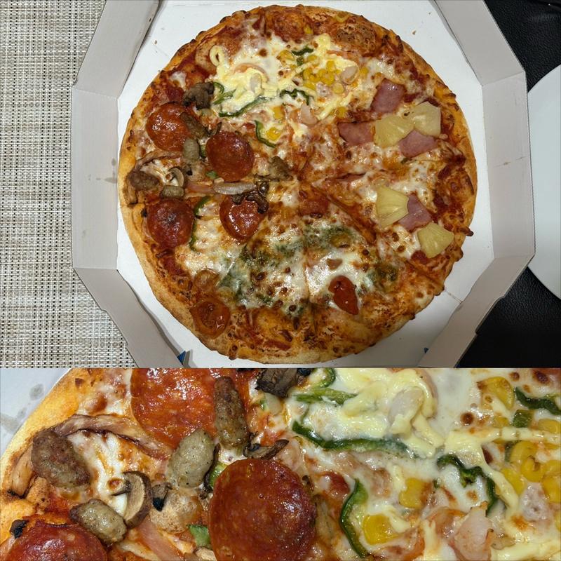 クアトロハッピー・マヨシュリンプ、マルゲリータ、ドミノデラックス、炭火焼チキテリ(ドミノ・ピザ三ツ境店)