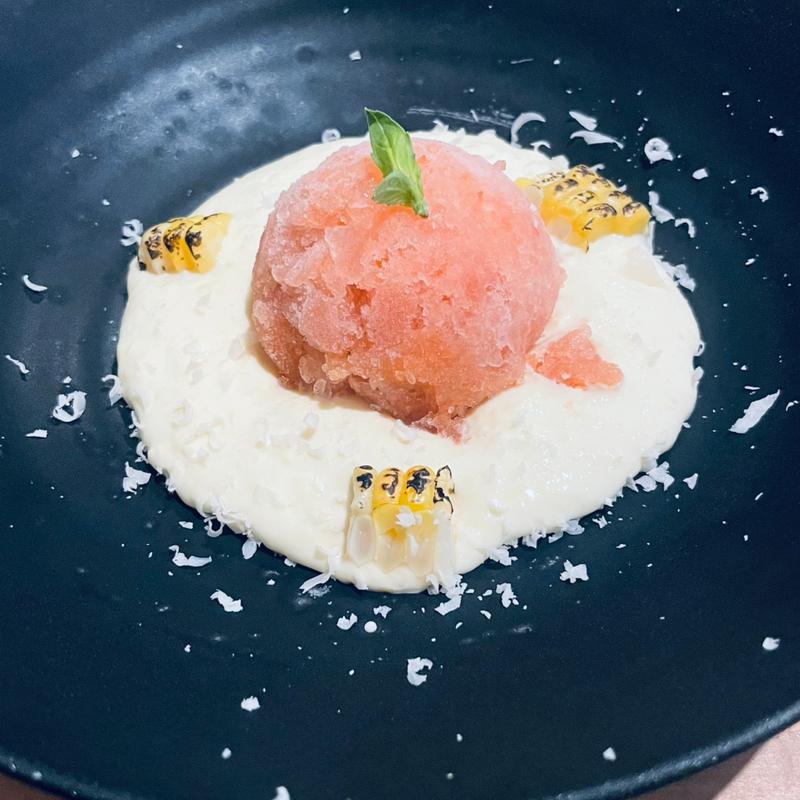 トマトのソルベととうもろこしのスープ(肉イタリア料理屋FORMA)