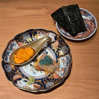 北海道産ボタン海老 根室産バフンウニ 海苔巻き(築地青空三代目 本店 （ツキジアオゾラサンダイメ）)