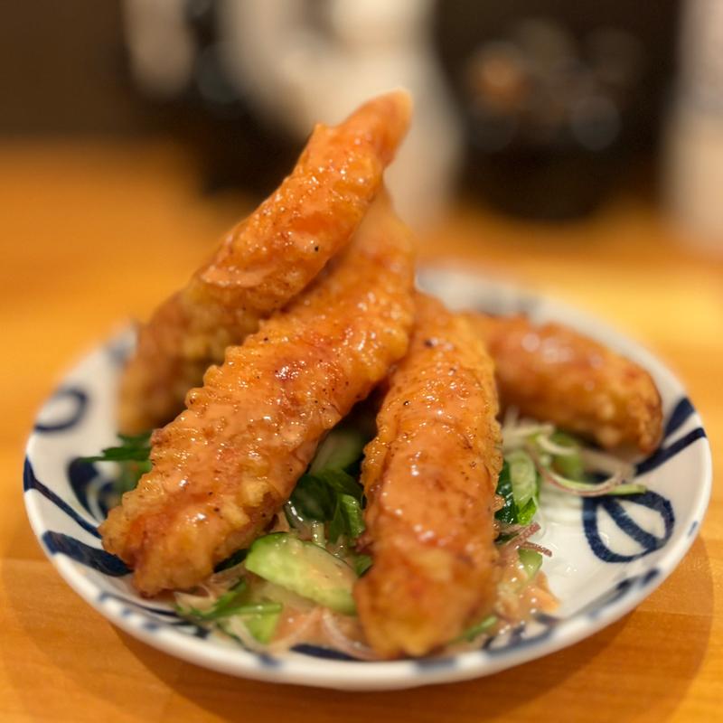 自家製マヨネーズソース掛けエビのフリット(MUDANG JIAN ムーダン ジアン)