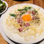 玉子とベーコンとアスパラガスのスープカルボナーラ