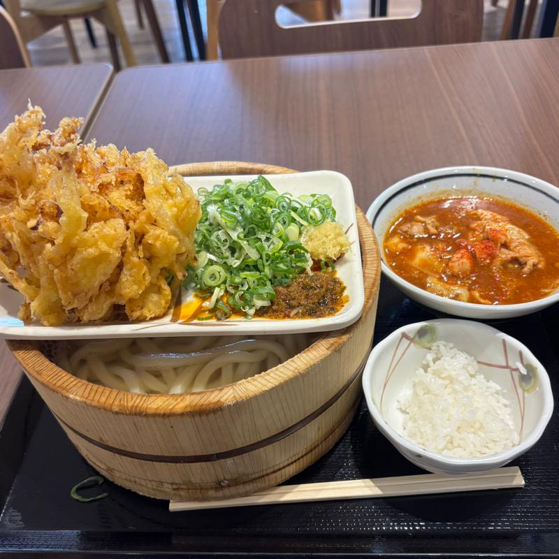 わがまち釜揚げうどん　けいちゃん焼きつけ汁と海老とホタテのかき揚げ(丸亀製麺イオンモール岡崎)