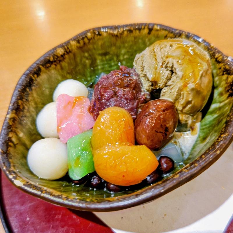 渋皮栗とほうじ茶のクリームあんみつ(味の民芸 丸山台店)