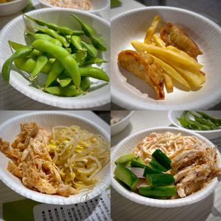 枝豆、揚げ餃子、フライドポテト、もやしナムル、蒸し鶏のサムジャン和え、ガリキュウ(仙台パルコ2 肉食べ放題 BBQビアガーデン)