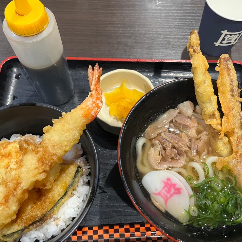 しあわせセット　ミニかしわごぼ天うどん　ミニ大海老天丼(資さんうどん 菊陽店)