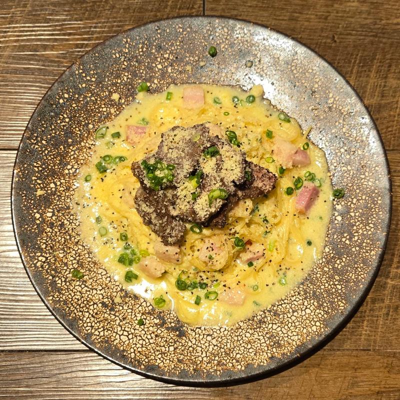 和牛ペペタマパスタ(和風カルボナーラ)(オニク⭐︎パラダイス)