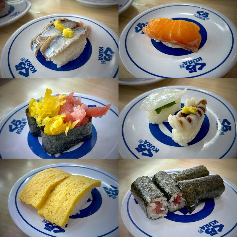 秋刀魚にぎり、生サーモン、まぐたく、大葉甲いか二種盛り、玉子、鉄火巻(無添くら寿司 あすと長町店 )