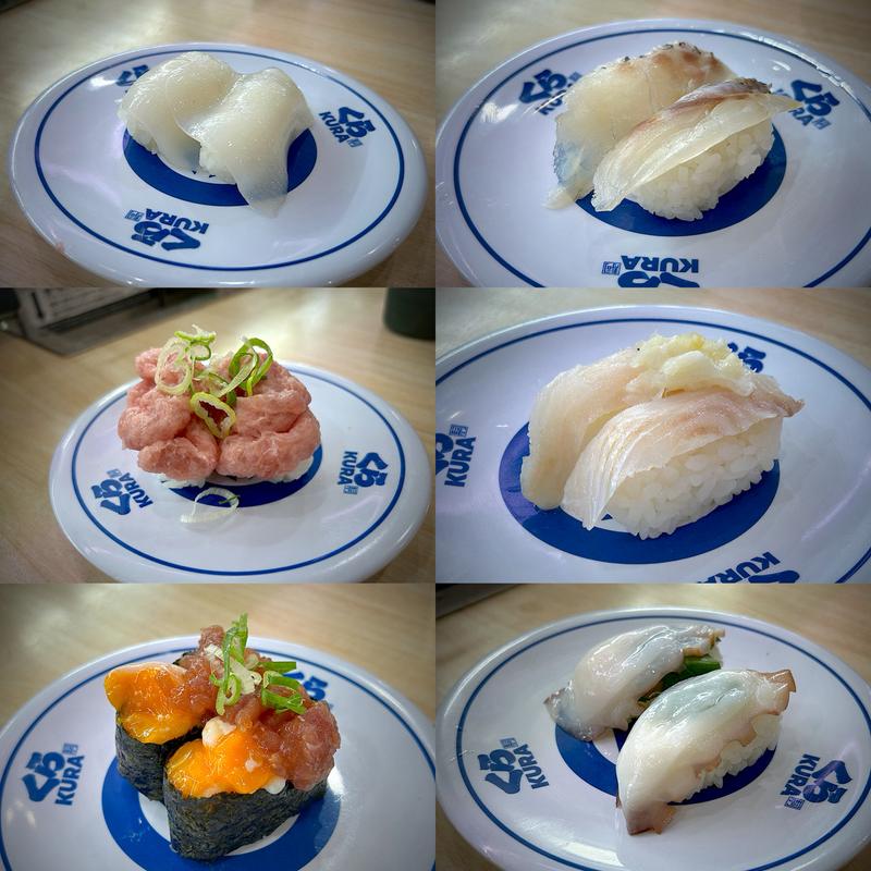 やりいか、活〆真鯛湯引き、特盛ねぎまぐろにぎり、ゆずかれい、まぐろユッケ大葉生たこ(無添くら寿司 あすと長町店 )