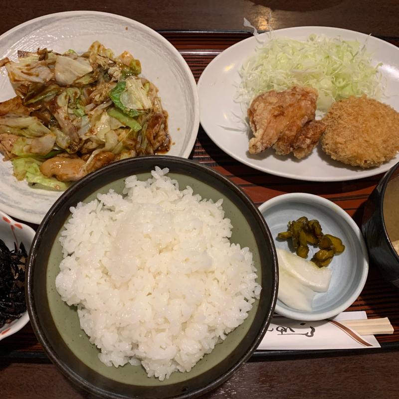 回鍋肉、ミンチカツ、唐揚げ定食(遊食家 楽)