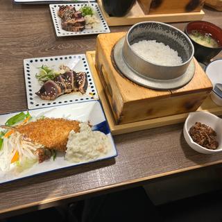 鰹の漁師漬けと肉厚鯵フライ定食