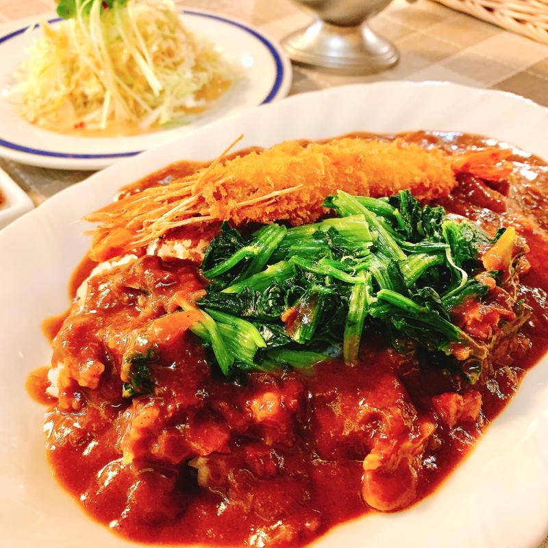 ポークカレー(20倍+有頭海老フライ&ほうれん草)(レストラン ナカタ)