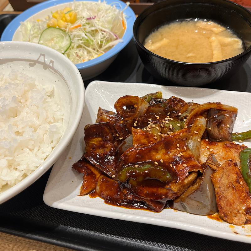厚切り豚カルビと茄子の辛味噌炒め定食(松屋 四条烏丸店)