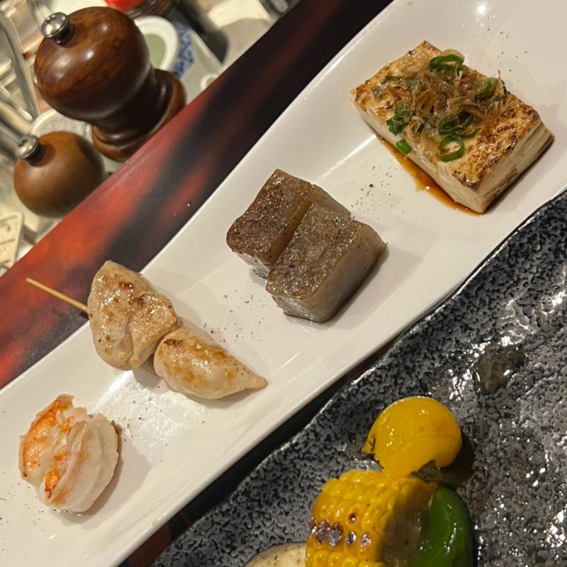 天使海老　大山鳥串　蒟蒻　豆腐　鉄板焼(そうさくてっぱん樹々)