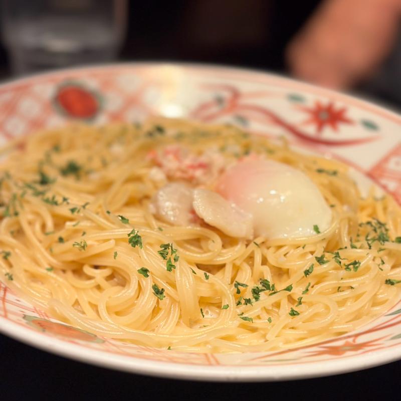 紅ズワイガニと帆立のクリームソース 温泉卵添え(洋麺屋五右衛門 イオンモール京都桂川店)