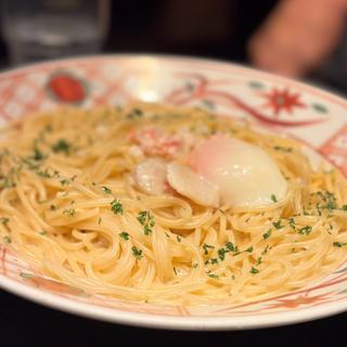 紅ズワイガニと帆立のクリームソース 温泉卵添え(洋麺屋五右衛門 イオンモール京都桂川店)