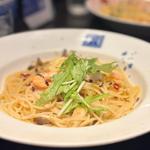 帆立と海老と湯葉のペペロンチーノ 京風だし仕立て