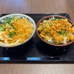 かけうどんと無料天かすとネギの天丼(丸亀製麺イオンモール岡崎)