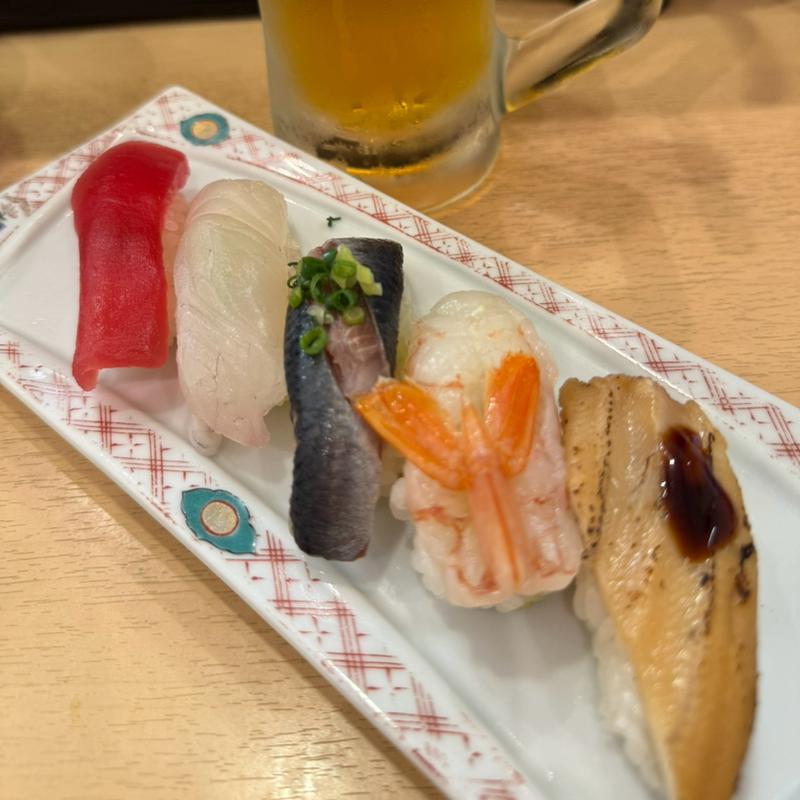 北條五貫（マグロ.マダイ.酢〆イワシ.赤エビ.煮穴子）(回転寿司 北條)