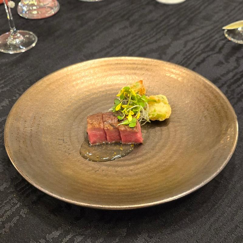 黒毛和牛サーロインの網焼き 旬菜の磯辺揚げ 柚子餡(KURODOH KYOTO - くろどう 京都 -)