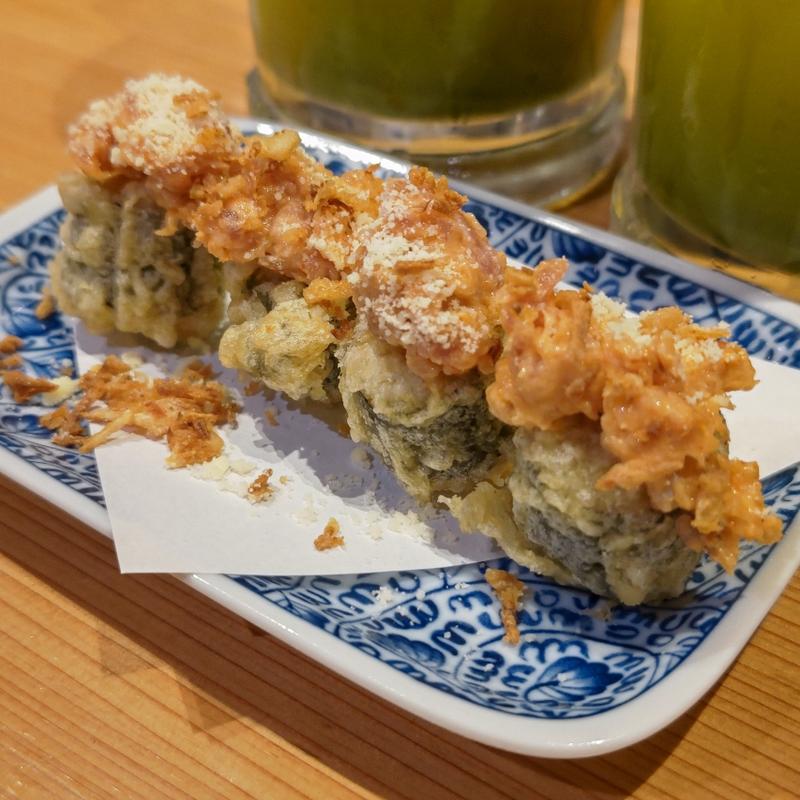 クリームチーズの揚げ細巻き  旨辛ねぎまぐろ(鮨・酒・肴 杉玉 大船)