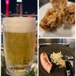 サッポロ生ビール（中ジョッキ、）唐揚げ、特製絹挽きフランクフルト、