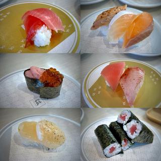 重ね厳選まぐろ中とろ、サーモン三種盛り、とろいくら、厳選鮪中とろ食べ比べ(中とろ&レアステーキ)、炙りほたて、鉄火巻(はま寿司 仙台大野田店)