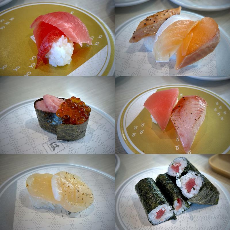 重ね厳選まぐろ中とろ、サーモン三種盛り、とろいくら、厳選鮪中とろ食べ比べ(中とろ＆レアステーキ)、炙りほたて、鉄火巻(はま寿司 仙台大野田店)