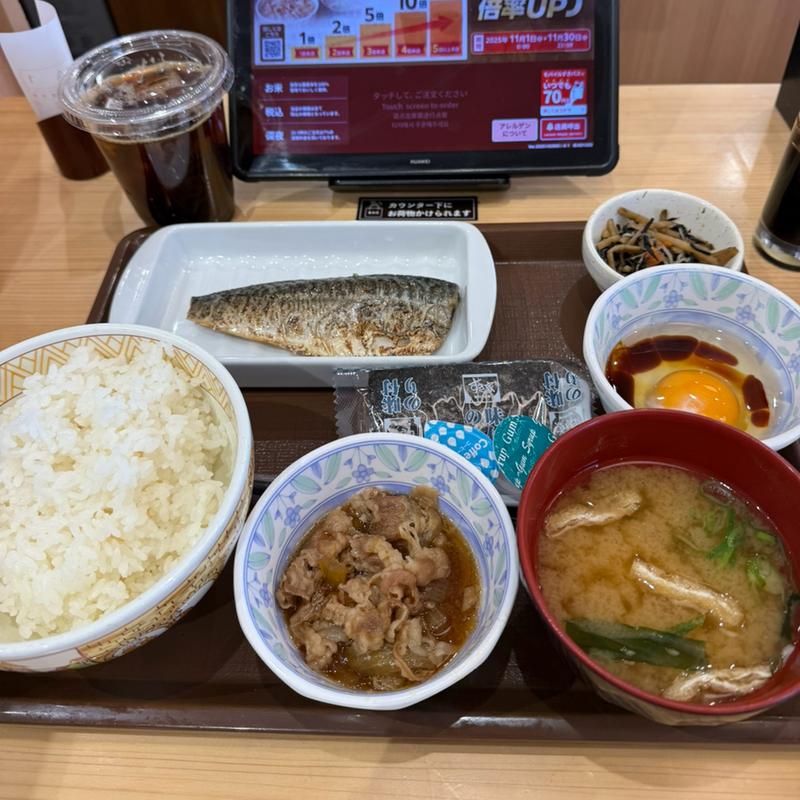 牛塩さばたまかけ朝食　アイスコーヒーM(すき家 川口榛松店 )