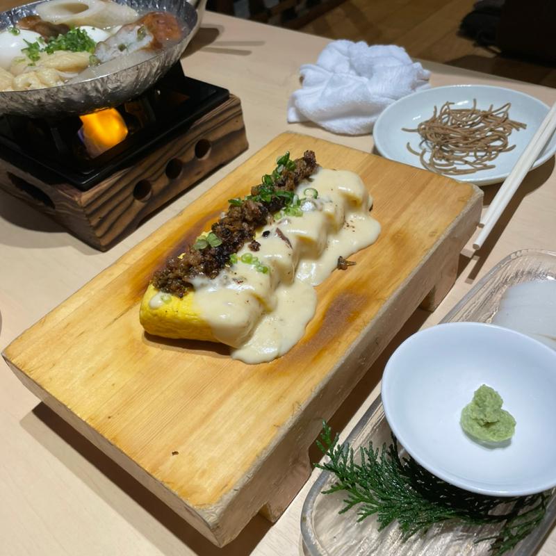 鴨の肉味噌ろ炙りチーズ出汁巻き玉子(蕎麦居酒屋　高田屋　川崎)