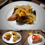 ジャガイモのロースト、フライドチキン、さつまいもコロッケ、鶏肉のバナナリーフ蒸し焼き