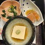 蒼波コース　季節の小鉢、小松菜と紅ズワイ蟹の煮浸し、合鴨ロースと蕪のべっ甲餡