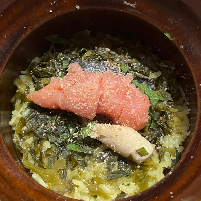 鯖と高菜と明太子の土鍋ご飯(大衆割烹シラトリ)