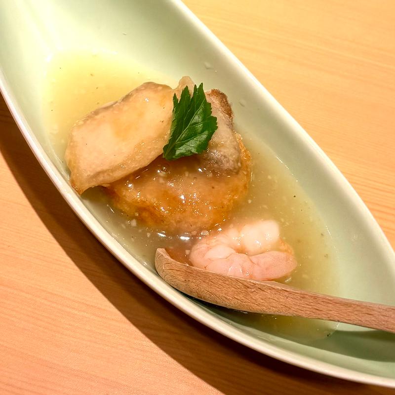 懐石　楓　揚銀鱈、海老、れん根蒸 山葵餡(味三昧 中村橋本店)