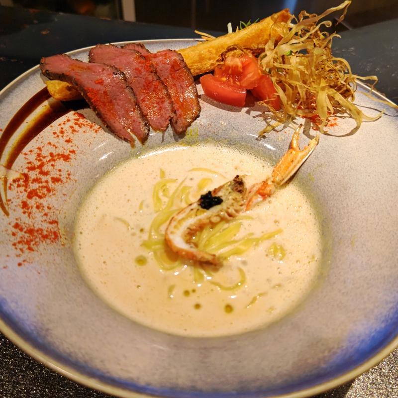 手長海老 濃厚クリーム仕立て ～鹿のロースト添え～(サーモンnoodle横浜)