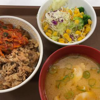 キムチ牛どん(並)、サラダ、豚汁セット(すき家 大田南六郷店)