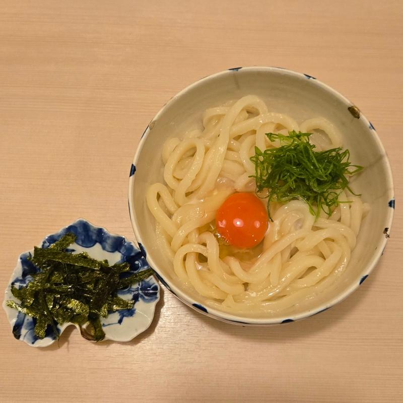 海老みそ釜玉うどん(讃岐うどん山地)