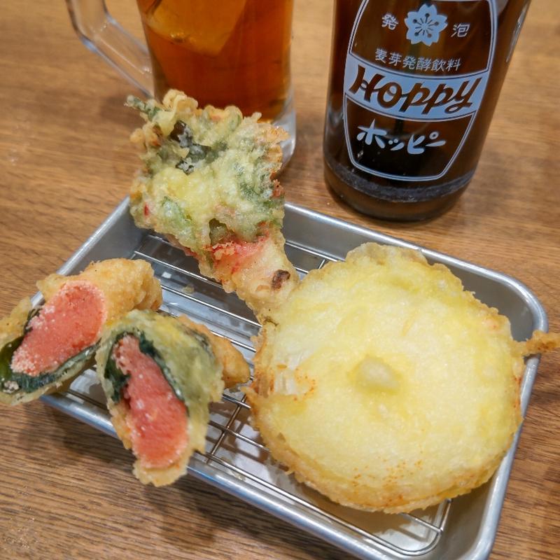 明太子天・白身梅肉天・たまねぎ天(大衆寿司 天ぷら いろは丸総本店)