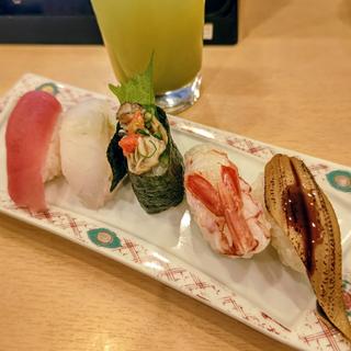 北條五貫(マグロ・真鯛・蒸し牡蠣軍艦・赤エビ・煮穴子)(回転寿司 北條)