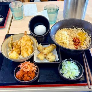 ミニ海老かしわ天丼+かけそば+生玉+ちくわ天