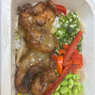 ネギ塩竜田揚げ、たけのこと蓮根のまぜご飯