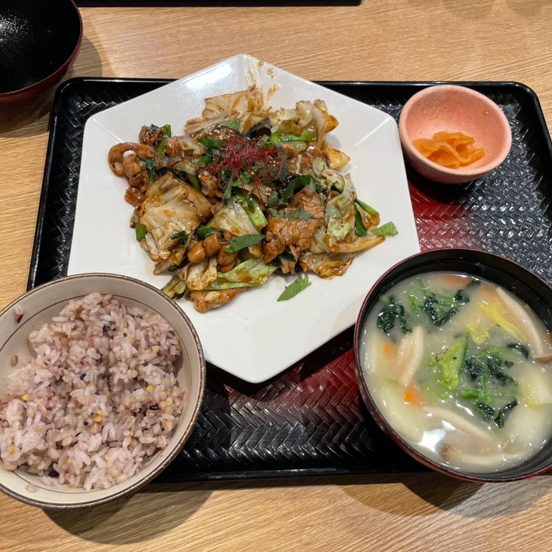 茄子と豚肉のコク旨味噌炒め定食、たっぷり野菜の麦みそ汁(大戸屋ごはん処 川崎銀柳街店)